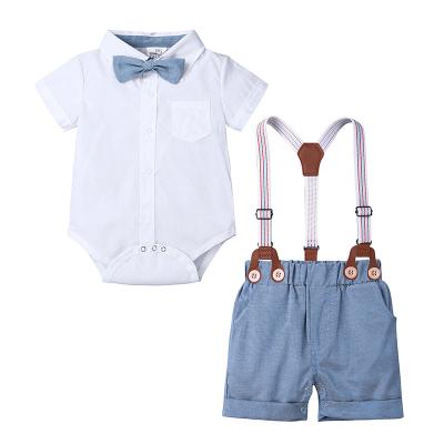 China Summer Breathable Style Toddler Boy Infant Clothes Set Short Sleeve Shirt + Gentleman Overalls 2pcs Romper Newborn Baby Clothing Set for sale