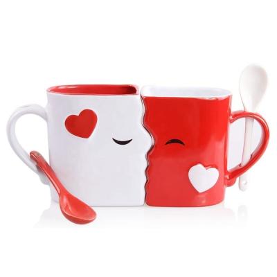 China Viable Expression Ceramic Mug Couples Cup Heart Shaped Handle Bing Cup for sale