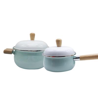 China Small fresh viable wind milk pot enamel enamel pot wooden household instant noodle pot soup handle non-stick cookware set for sale