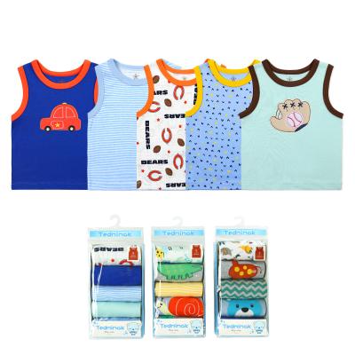 China High Quality Anti-Shrink 5 In 1bag Baby Boy T-shirt Gift Box Embroidered Baby Cotton Sleeveless T-shirt for sale