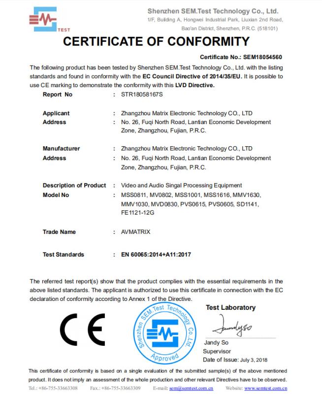 CE - Zhangzhou Matrix Electronic Technology Co., Ltd.