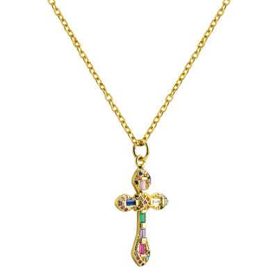 China New Fashion Environmental Friendly Stainless Steel Cross Corroded 2*4 Cut Stone Pendant Necklace With White Mix Stone Necklace for sale