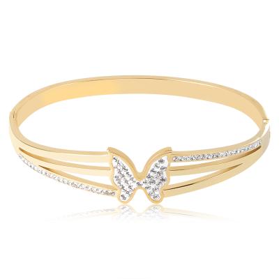 China Zircon Butterfly Nickel Free Lead Free White Gold Plated Bangle Stainless Steel Women Accessories Delicate Bling Bangle for sale