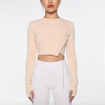 China 2021 Long Sleeves Sports Pink QUICK DRY Breathable Crop Top Workout Two Tone Drawstring Top for sale