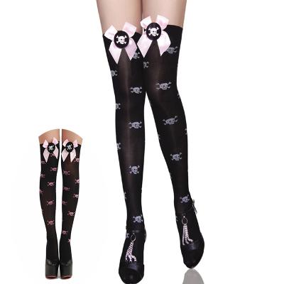 China Breathable custom bangs Halloween Skeleton Print Thigh Highs With Black Silk Thin Stockings Satin Skull Bow Tights Pantyhose Gaiters for sale