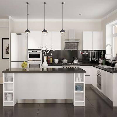 China Customized flat panel style modern kitchen cabinetry full sets kitchen cabinetry white high gloss lacquer flat panel wooden design for sale