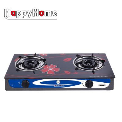 China New Design Hotel Double Burner Cooking Tempered Glass Top Stainless Steel Body Gas Cooker Stove for sale