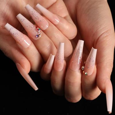 China Easy Apply Luxury Designer Europe American Private Label Press On Nails Sparkle Long Coffin Ballet Fake Nail Tips With With Diamond for sale