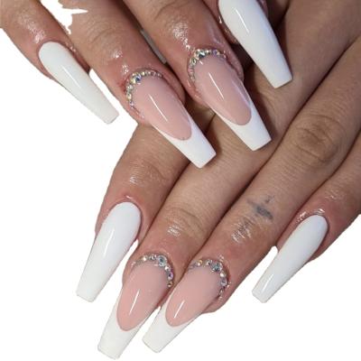 China Easy Apply Coffin Luxury Long French Ballerina White Rhinestone Nail Press On Nail Artificial Fake Nail DIY for sale