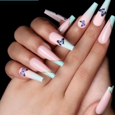 China Easy Apply French Pink Light Green Gel False Nail Tips Wholesale Ballerina Print Butterfly Long Press On Nails for sale