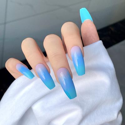 China Easy Apply Best Price Long Coffin Light Blue Press On Fake Nails Private Label Ballerina Nail Tips for sale