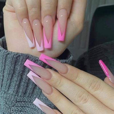 China Easy Apply Ballerina Extra Long Pink ABS Full Coffin Fake Nails Acrylic Artificial Nails Press On French Nails for sale