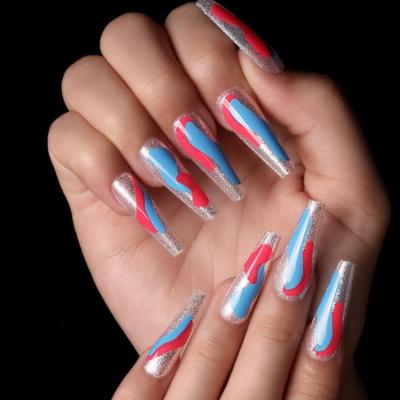 China Easy Apply European And American Ballet Long Fake Nails Silver Glitter Coffin Press On Red Blue Fake Nail Tip for sale