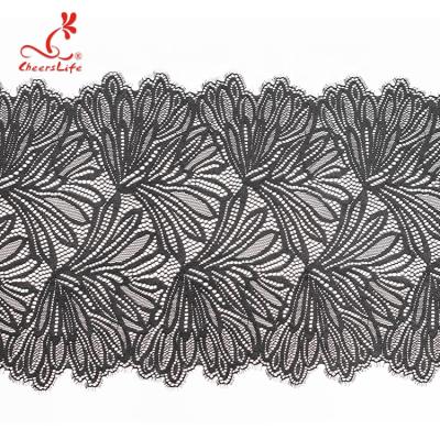 China Best Viable Selected Material 24CM Width Black Color Lace Trim For Curtains Elastic Lace Trim for sale