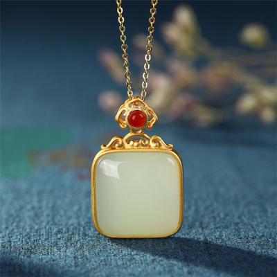 China FASHIONABLE Retro Gold Plated Square Clavicle Chain Sterling Silver Dangle High End Women S925 Jade Set AP2 Hetian Chain for sale