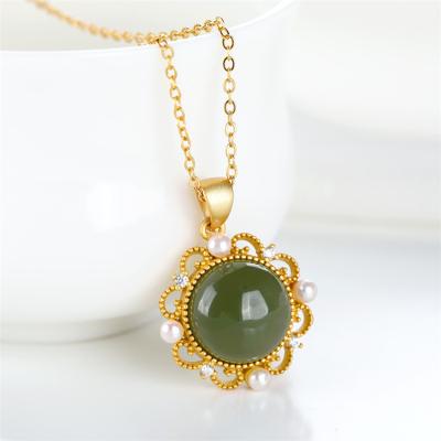 China FASHIONABLE Elegant Women's Aimgal S925 sterling silver jade floral necklace gold plated hetian jade bead for sale