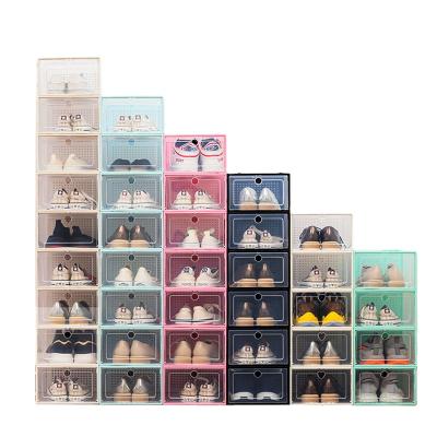 China Viable Cheap Colorful Foldable Clear Stackable Drop Front Shoes Box Transparent Plastic PP Storage Shoe Box Display Sneaker Custom Box for sale