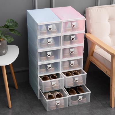 China Viable DIY Stacking Foldable Front Organizer Small Plastic Shoes Drop Display Shoe Tidy Container Transparent Portable Cabinet Box for sale