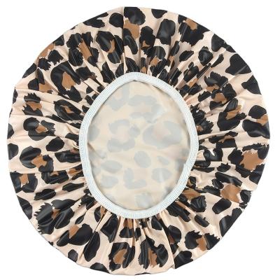 China Custom Sustainable Leopard Printing Reusable Shower Cap Waterproof for sale