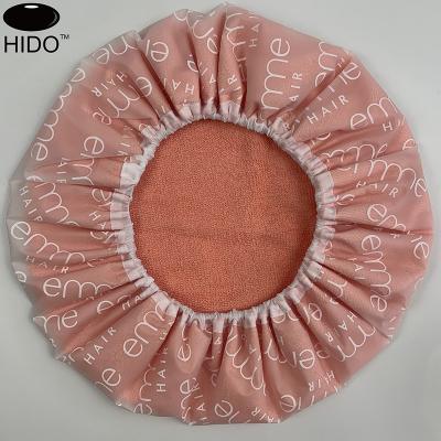 China Sustainable Customized Luxury Thick Towel Material Lined Bathing Cap Reusable Waterproof Hood Shower Cap for sale