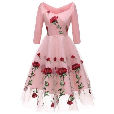 China DN-CD1657 Breathable Wholesale Ladies Round Neck Pink Organza Rose Embroidery Dress for sale