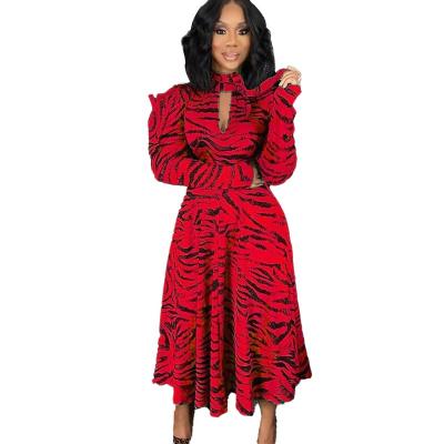 China Anti-wrinkle tiger muslim dress ML-D3065M neck tie print maxi casual dresses fancy long sleeves for women for sale