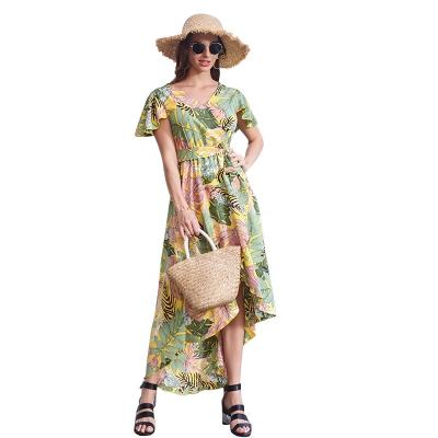 China Breathable BFZY-6272 Women Leaf Print Wrap Dress Summer High-Low Asymmetrical Casual Dress for sale