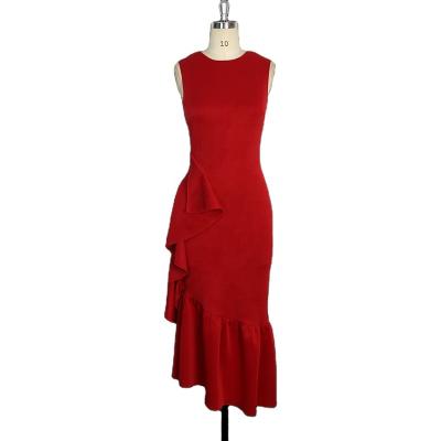 China New Breathable Sleeveless Pleated Red Ruffle Bodycon Dress Women 2XL KEN-AM200533 for sale