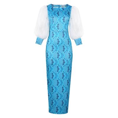 China KEN-AM211227 Breathable round neck gauze lantern transparent net sleeve printed high waist slim dress dress for women for sale