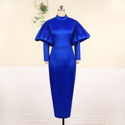 China KEN-AM210918 Breathable Tight Puffy Silk Maxi Long Sleeve High Neck Cocktail Dress Red Royal Blue Evening Dress For Women for sale