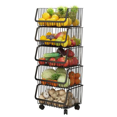 China Kitchen Shelf Floor Fruit and Vegetable Toy Pot Shelf Storage Basket Stainless Steel Trolley Mobile Multi-Layer Basket for sale