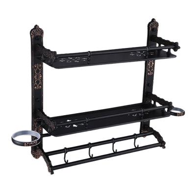 China European Style Aluminum Black Wall Hanging Shelf Cosmetics Bathroom Double Space Shelf for sale