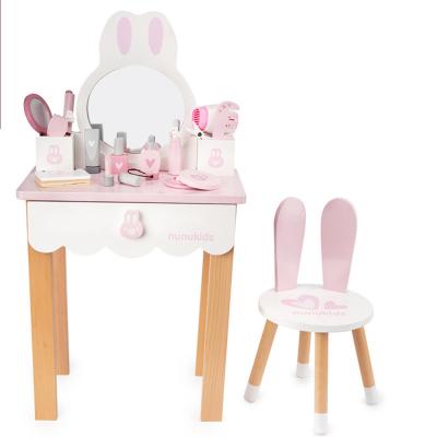 China New Small Dressing Table Children Toy Pretend Role Kids Wooden Chair Dressing Table Children Furniture Sets for sale