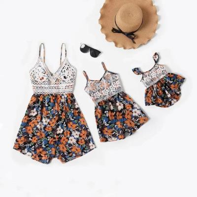 China Flower Breathable Lace Boho Family Clothing Mommy and Me Matching Outfits Matching Mom Girls Baby Rompers Sets for sale