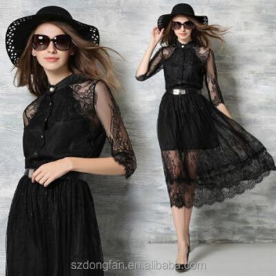 China Anti-wrinkle New Arrive Black Half Sleeve Midi Waist Crochet Summer Spring Fashion Work Dress for sale