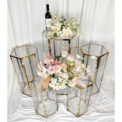 China Classic Modern Clear Acrylic Hexagon Cake Stand Wedding Flower Stand Display Pedestal For Event for sale