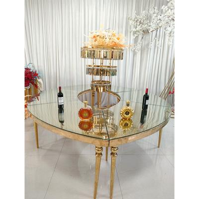 China Shiny Wedding Supplies Gold Stainless Steel Table Tempering Glass Table Wedding Party Event Backdrop Table for sale