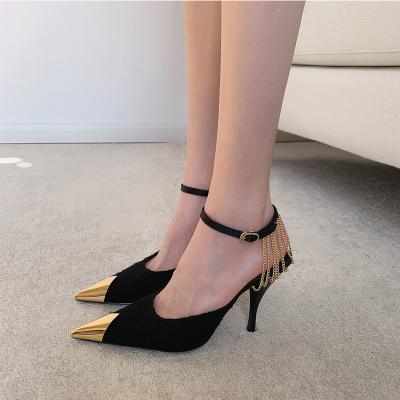 China High Heels 2022 New Style Anti-slippery Black Metal Chain Buckle Sandals Women's High Heel Women's Shoes Stiletto Pumps for sale