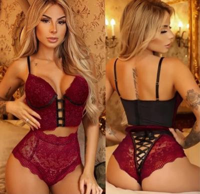 China New Floral Pump Lace Scallop Trim Underwire Lingerie Set For Women Lace Up Bra And Brief Sets for sale