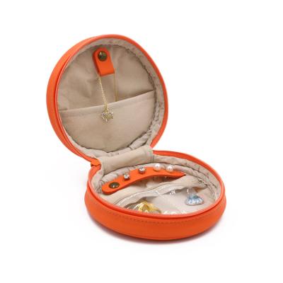 China PU Ring Orange Travel Saffiano Jewelry Round Jewelry Storage Box Storage Case Leather Jewelry Box With Pouch Bag for sale