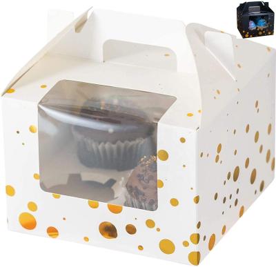 China Recycled Materials Gold Foil Polka Dots Cupcake Boxes 4 Count Compartment With Handle And Removable Inserts for sale