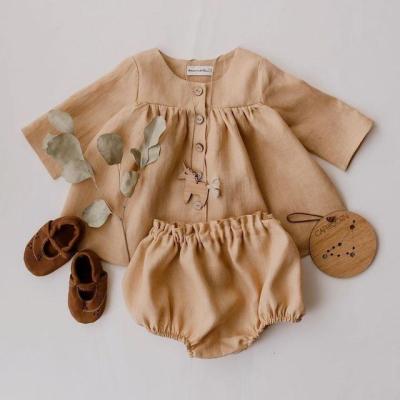 China Breathable Autumn Cotton Linen Cardigan 2-piece Baby Girl Jacket Shorts Children Suit for sale