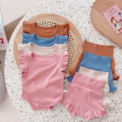 China Breathable Baby One-Piece Wooden Ear Side Sleeveless Round Neck Romper High Waist Shorts Two-piece Set for sale