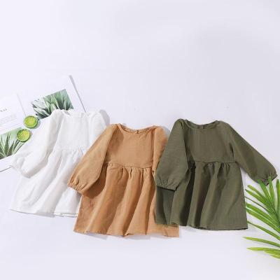 China Breathable New Children Clothing Baby Solid Color Cotton Linen Long-sleeved A-line Skirt Girls Pleated Dress for sale