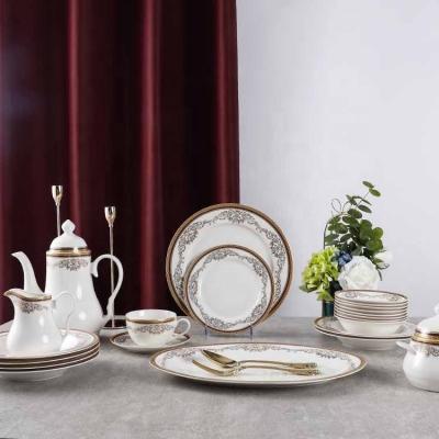 China Sustainable Arabic White Embossed Bonechina Dinnerware Gold Ceramic Dinner Dishes Dish Set for sale