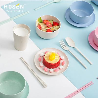 China 6Pcs Factory Wheat Straw Tableware Eco-Friendly Kids Children Viable Wholesale Tableware Set High Quality Dish Bowl And Spoon Cup for sale