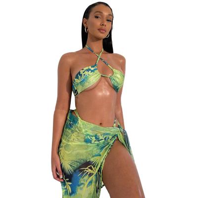 China Women Print Chest Wrap Neck Vest Mini Skirt Backless Bikini Sexy Mature Sexy Lingerie Underwear 2022 New Three Piece Set In Stock for sale