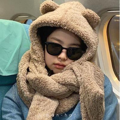 China Korean version of the middle one-piece female winter scarf hat of the new thick warm plush cute bear one-piece bib for sale