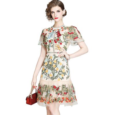 China Breathable Elegant Hollow Floral Printing Self-cultivation Ladies Dresses Self-cultivation Embroidered Tulle Short A Line Lace Dress for sale