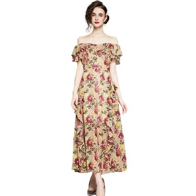 China Floral Ruffled Plaid High Waist A Line Dress Breathable Women Long One Piece Dress for sale